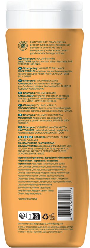 Oranje fles met witte dop. Bevat informatie over ingrediënten en gebruik.