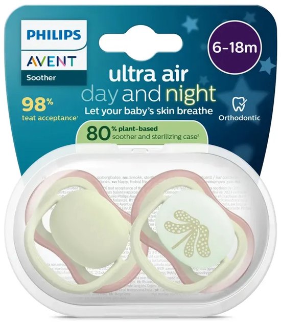 Philips Avent Ultra Air dag- en nachtfopspenen voor 6-18 maanden, lichtgroen met roze rand, vlinderprint.