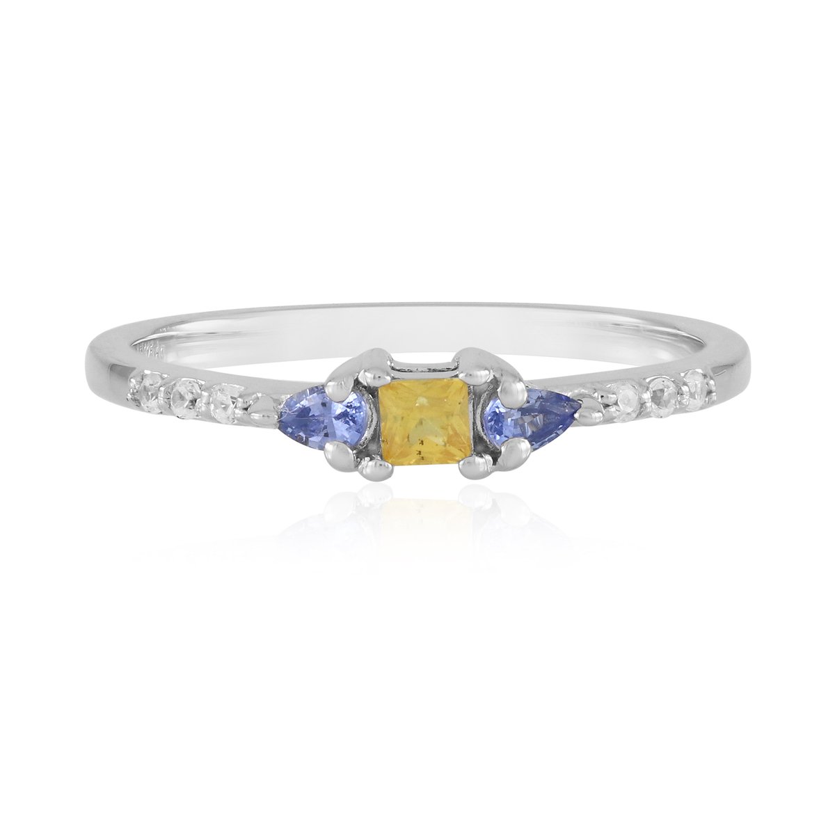 Cavill - 925 Sterling Zilver ring met platina coating - Blauwe Ceylon saffier 0,137 ct & Gele prinsessen saffier 0,106 ct - Elegante dagelijkse ring