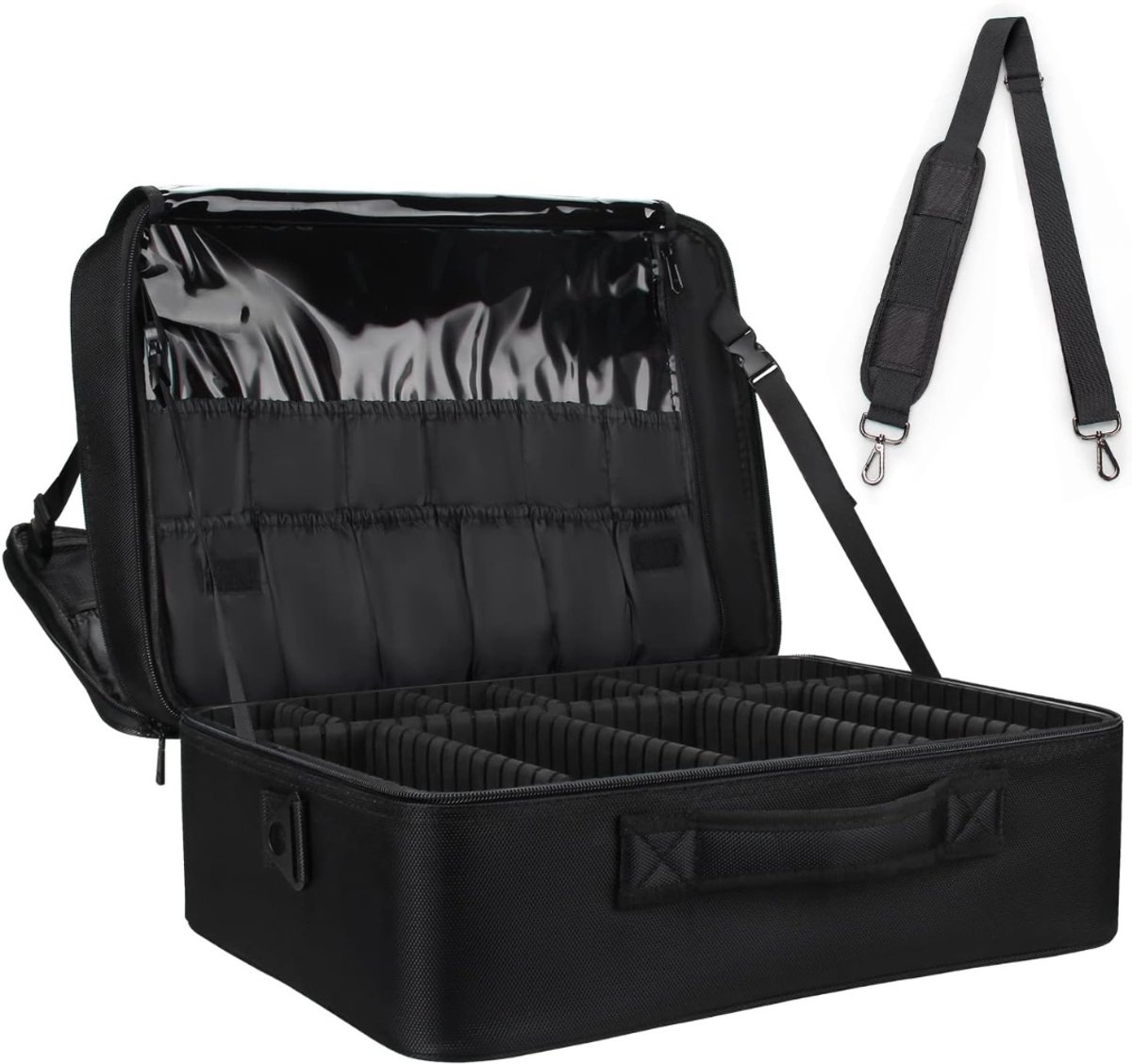 QUOVO® Visagie Koffer - Cosmetica Koffer - Kapperskoffer - Make-up Koffer met Verstelbare Vakken – Pedicure en Nagelstyliste Beauty Koffer – Kapperstas – Waterdicht – Makkelijk Mee Te Nemen - Zwart - 45cm x 32cm x 20cm