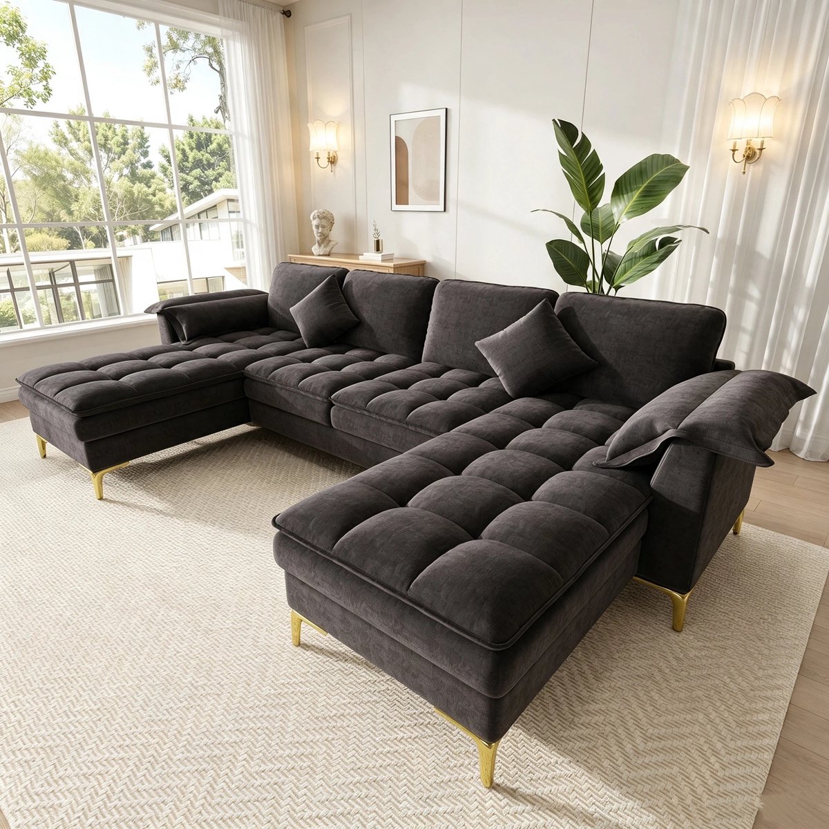 Woonkamer Hoekbank, U-Bank, 4-Zits bank, U-Vormige Hoekbank, Modulair Ontwerp Voor 4 Personen Met Wolkachtig Design En Dubbellaagse Schuimkussens, Inclusief 2 Chaise Longues, 2 Kussens, Gouden Metalen Poten, Chenille Bekleding, Zwart