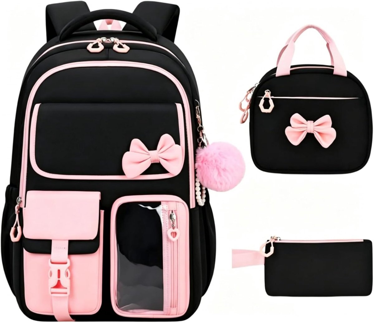 Rugzak - Meisjes Schoolrugzak met Strik - Zwart en Roze - Modern Design - Formaat 43x30x17 cm - 1 Stuk