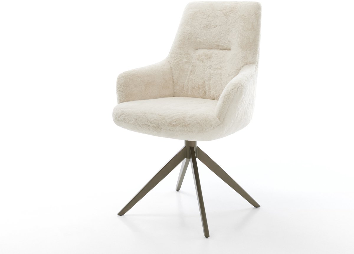 Eetkamerstoel Zelia-Flex met armleuning kruisframe breed afwerking met titanium pluchen crème-wit 360° draaibaar rocker-functie pocketveer kern