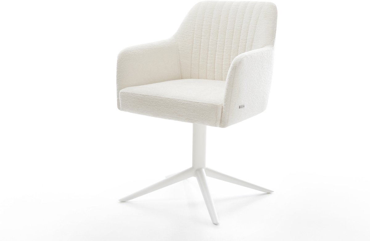 Eetkamerstoel Greg-Flex kruispoot wit bouclé zacht beige 360° draaibaar rocker-functie pocketveer kern