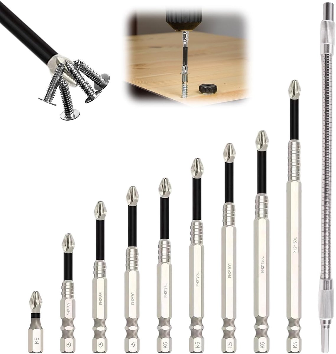 10 stuks high-magnetische schroefbitset - met zeer magnetische verlengstang - universele sterke magnetische en duurzame anti-slip schroevendraaier-boorbitset - 25-150 mm