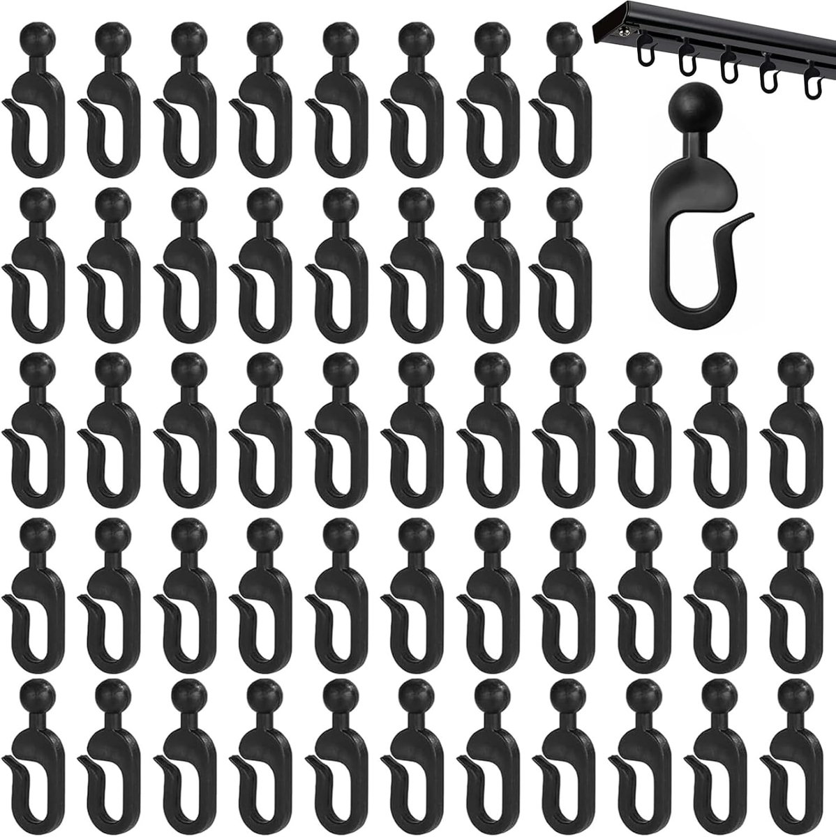 Gordijnhaken kunststof zwart – 50 stuks haken voor gordijnen en muskietennetten – 4x1,8 cm – geschikt voor - ShopVlot