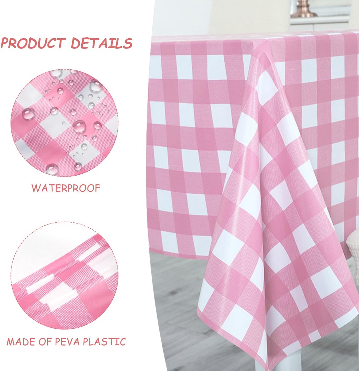 KSBBHDS Decoratief roze en wit geruit tafelkleed met 2 clips, waterdicht, dik voor eettafel, geschikt voor picknicks - ShopVlot