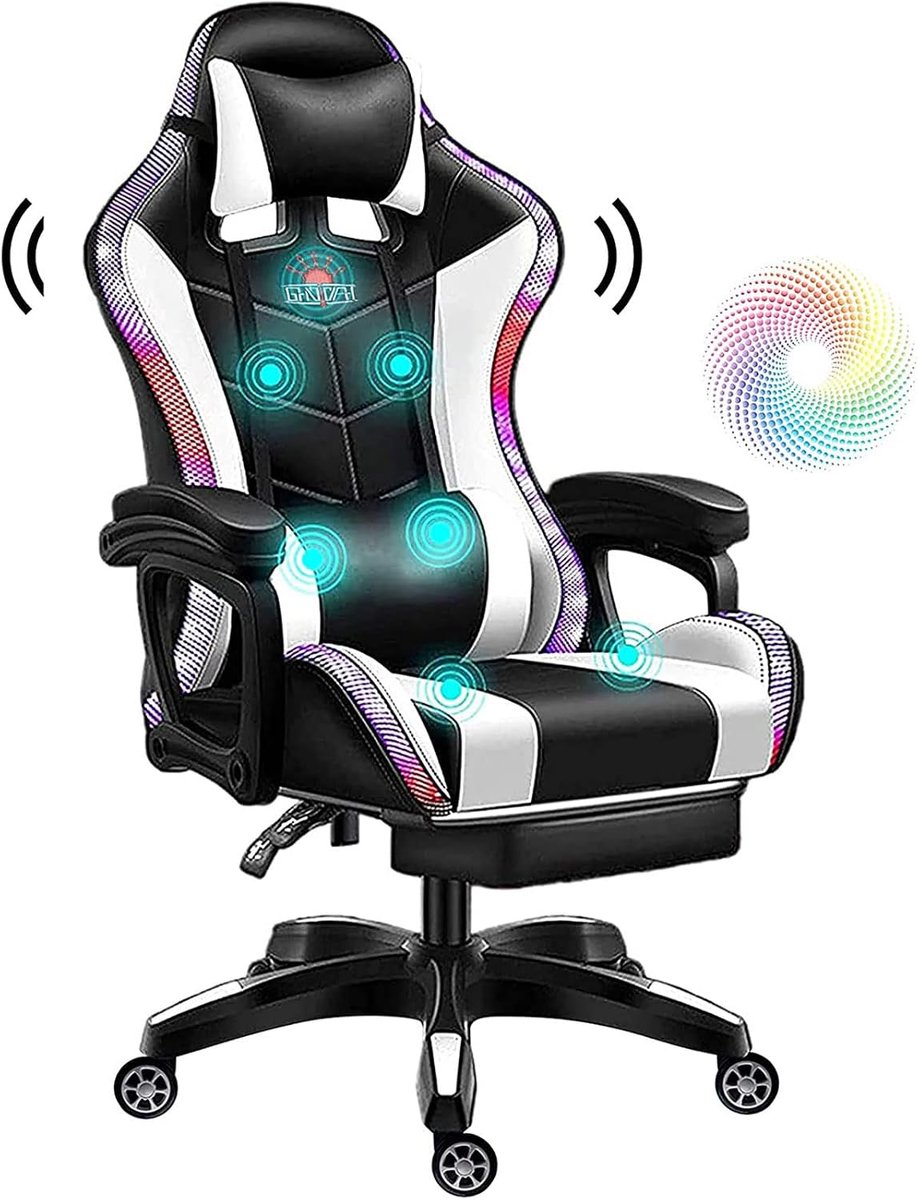 Gaming Chair with LED Lights Office Chair 7 Point Massage Computer Chair Ergonomic Racing Chair PU Leather Armchair - ShopVlot