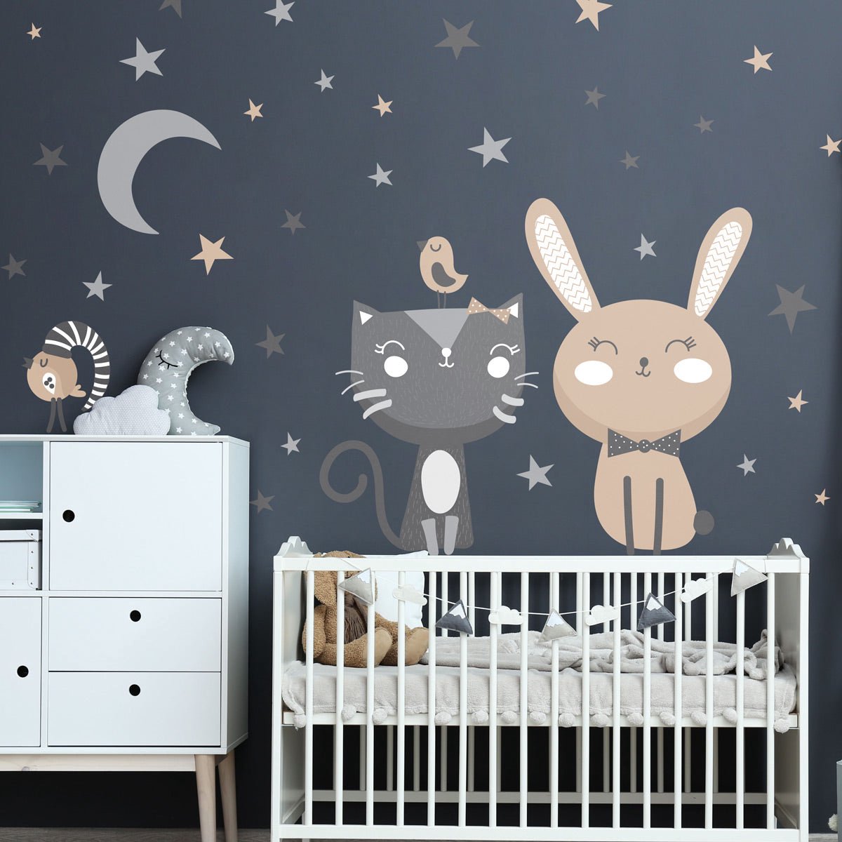 Ambiance Sticker Muurstickers - Kat, konijn en vogels in het maanlicht - Zelfklevende stickers - 65x50cm Multi color