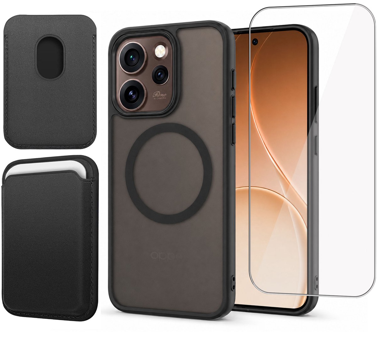 Hoesje + Pasjeshouder + Screenprotector geschikt voor OPPO Reno 15 Pro 5G - Portemonnee geschikt voor MagSafe - Magnetisch - Pasjes Houder - Creditcardhouder - Zwart