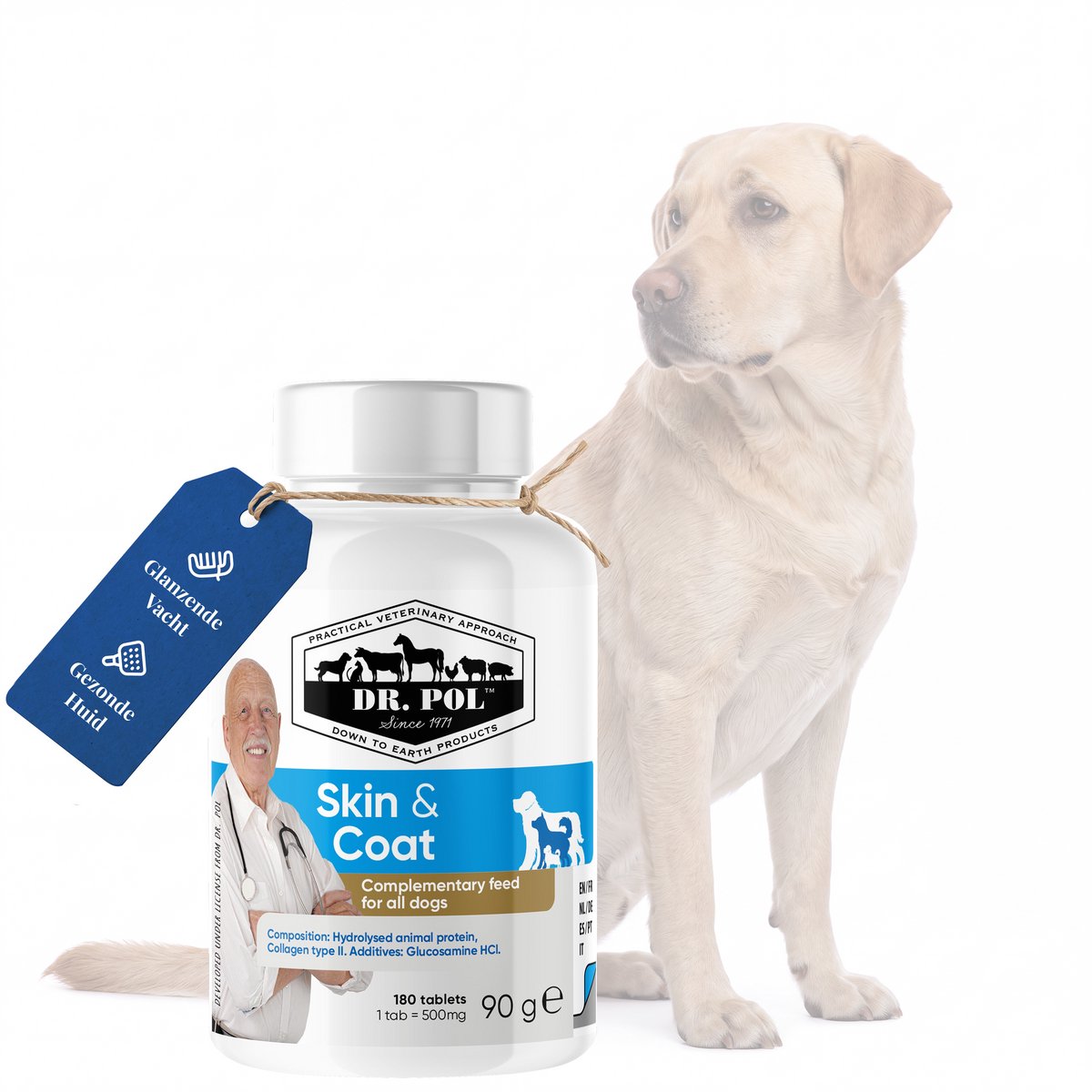 Dr. Pol Skin & Coat - Voedingssupplement voor Hond - Huid & Vacht - Met Biaminoée® en collageen type II en glucosamine - 90 g, 180 tabletten