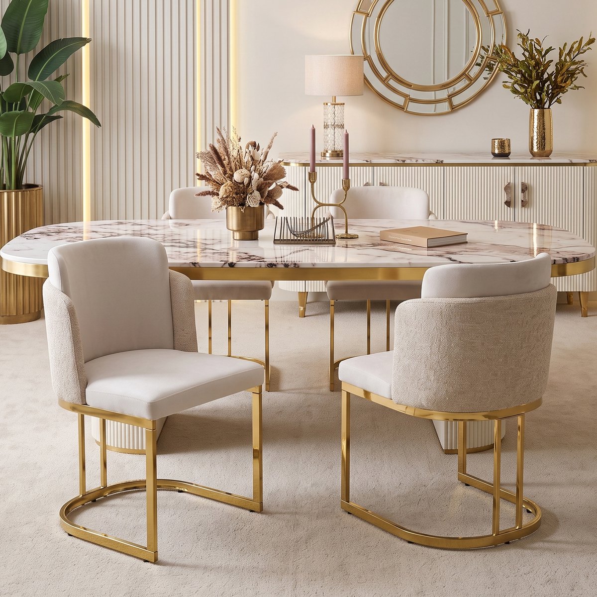 VVBV Set van 2 Eetkamerstoelen - Comfortabele Zitting, Ademende Bekleding, Stabiel Metalen Frame - Beige/Goud, Chenille
