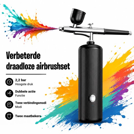 Verbeterde draadloze airbrushset in zwart met multicolore verfspetters.