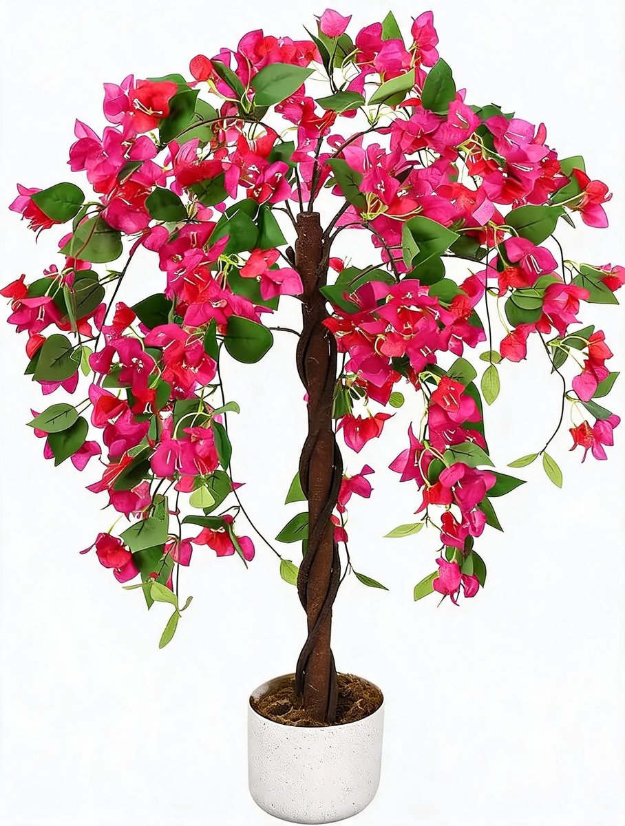 Triumpunpre - professionele kunstbuganvilla, 90cm roze natuurhout stam met polyester bloemen en verzwaarde cementen pot voor binnen en buiten