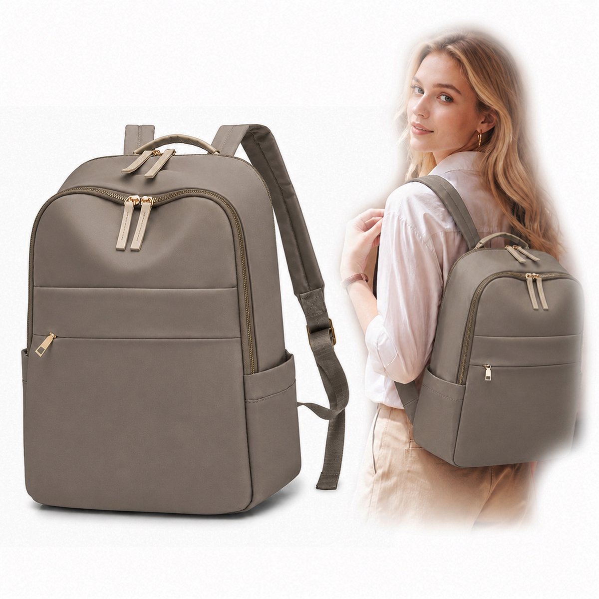 Rugzak - Multifunctionele Grote Capaciteit Laptoprugzak - Waterbestendig Nylon - Geschikt voor Woon-werkverkeer - Formaat 28x14x39 cm - Kakikleurige Kleur