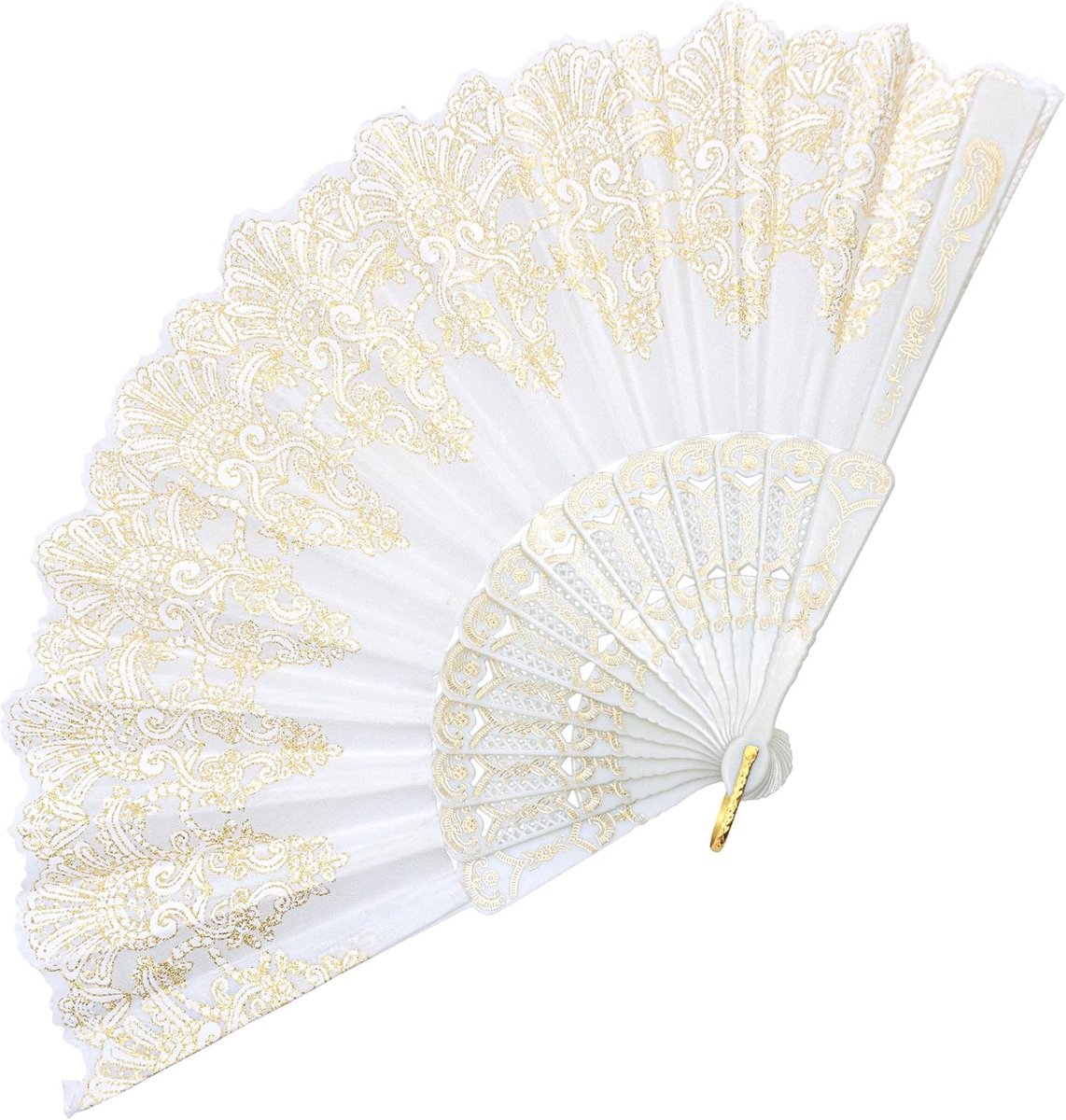 Wedding Hand Fan Fecher for Women Hand Fan Stable Hand Fan Foldable with Gold Print for Summer Party Role Play Dance - ShopVlot