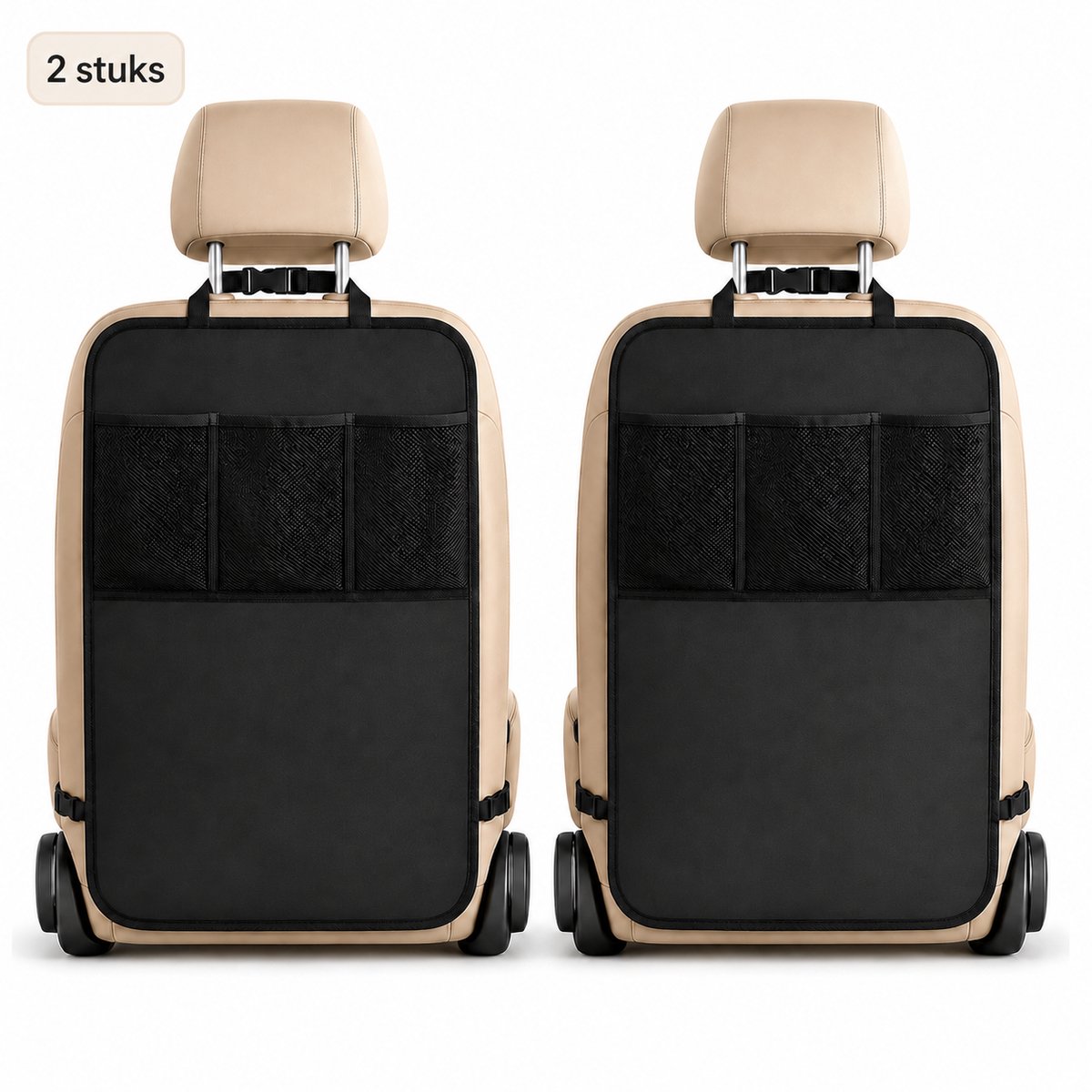 Autostoelbeschermer Kind - Kick Mat & Rugleuningbeschermer - 3 Mesh Opbergvakken - Verstelbare Banden - 2 Stuks - Zwart