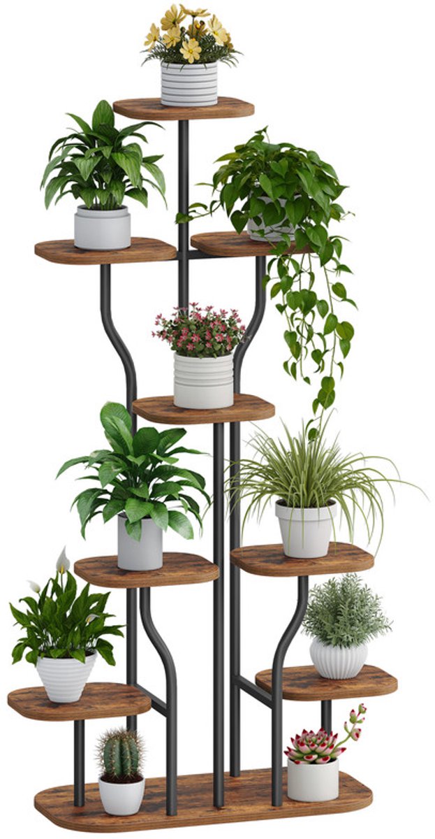 Hzuaneri Plantenstandaard met groeilamp – 9-laagse bloemenstandaard (124 cm), plantenrek van metaal en hout, gebogen plantentrap voor binnen, woonkamer en balkon – vintage bruin