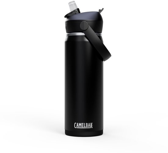 Zwarte Camelbak drinkfles met een handvat en een rietje in de dop.