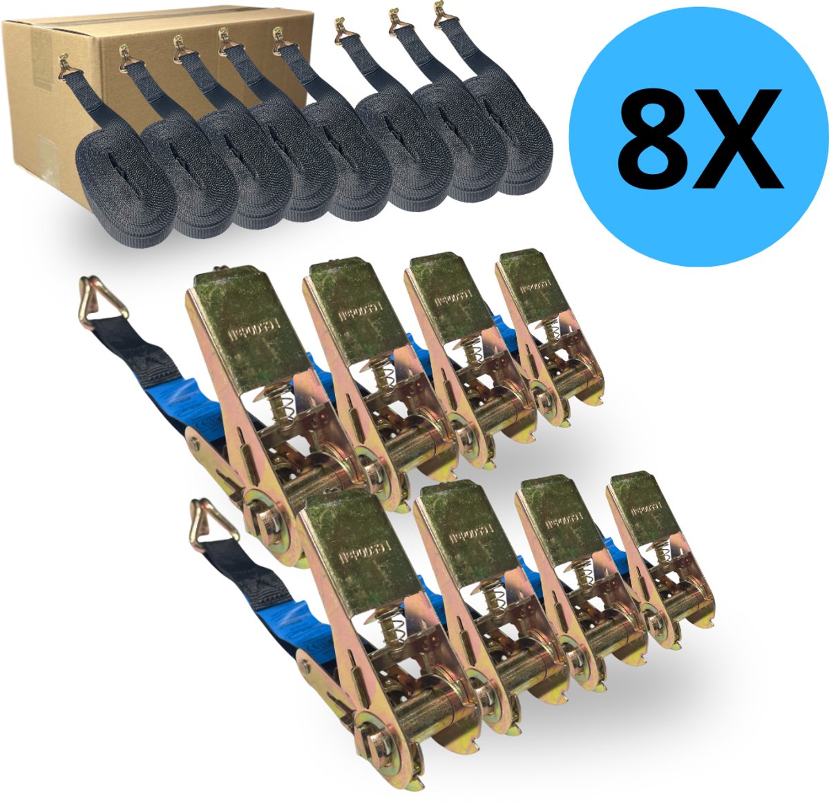 Spanbanden met ratel – 6 meter - Zwart – 25 mm – 8 stuks - straps - spanband