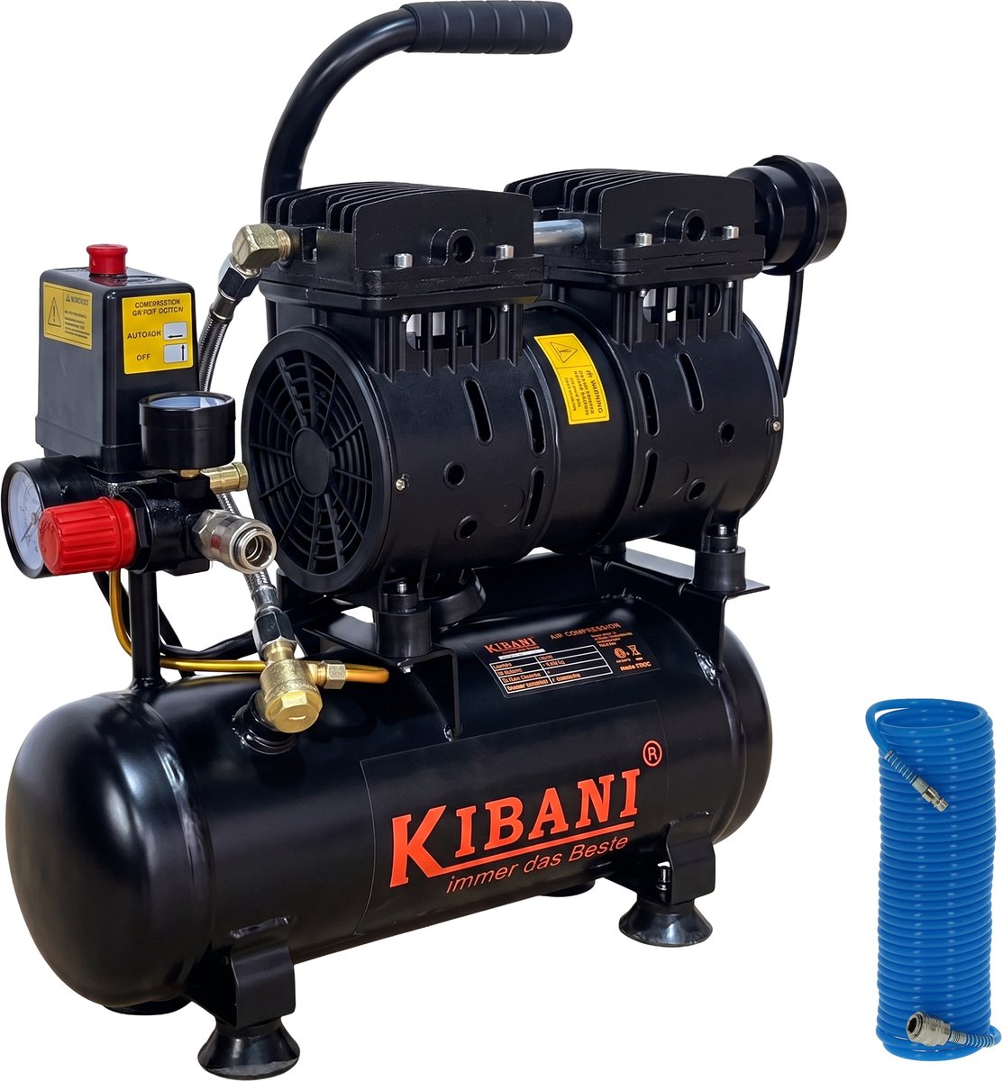 Kibani Super Stille Ecoline Compressor 6 Liter + Rubberen Luchtslang 10 Meter - SET - Olievrij - 8 Bar - 89 L/min - 48 dB(A)