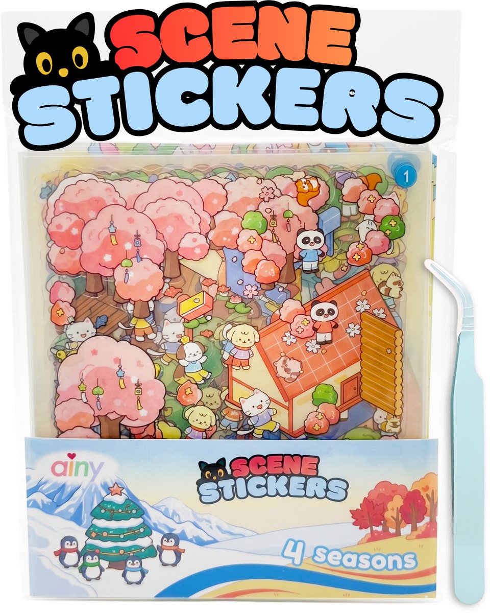 Ainy - Scene 3D Stickerboek S 4 seizoenen | Inclusief Pincet | Vouwbare achtergrond 13*58cm met PET Stickers | Kat & Vrienden miniatuur sticker | Creatief & Rustgevend
