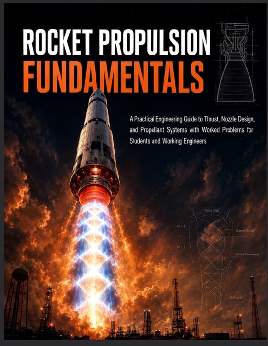 Boekomslag Rocket Propulsion Fundamentals met een opstijgende raket en technische diagrammen van een straalpijp.