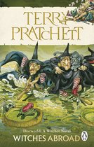 Boekomslag van 'Witches Abroad' door Terry Pratchett. Twee heksen met puntige hoeden en zwarte mantels, een grijze kat, een kikker op een waterlelie en een schedel.