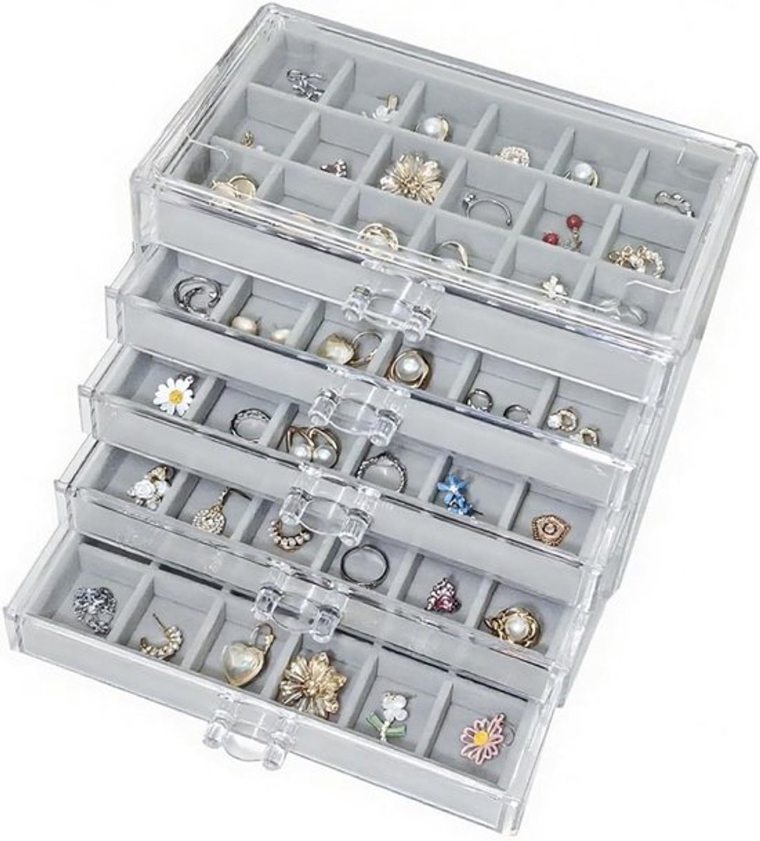 Acryl Sieradenbox met 5 Lagen en Verwijderbare Lades voor Organisatie van Kettingen, Ringen en Oorbellen