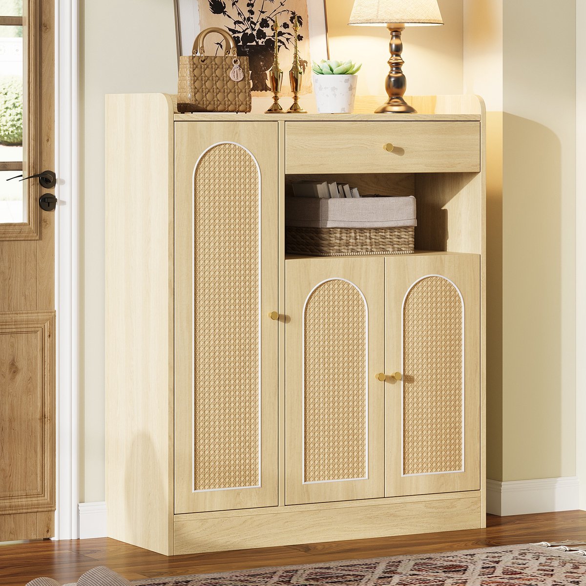 VVBV Schoenenkast 90x35x110 cm - Opbergruimte, Met Lades, Ruimtebesparend, Stabiel Metalen Frame - Naturel, Spaanplaat