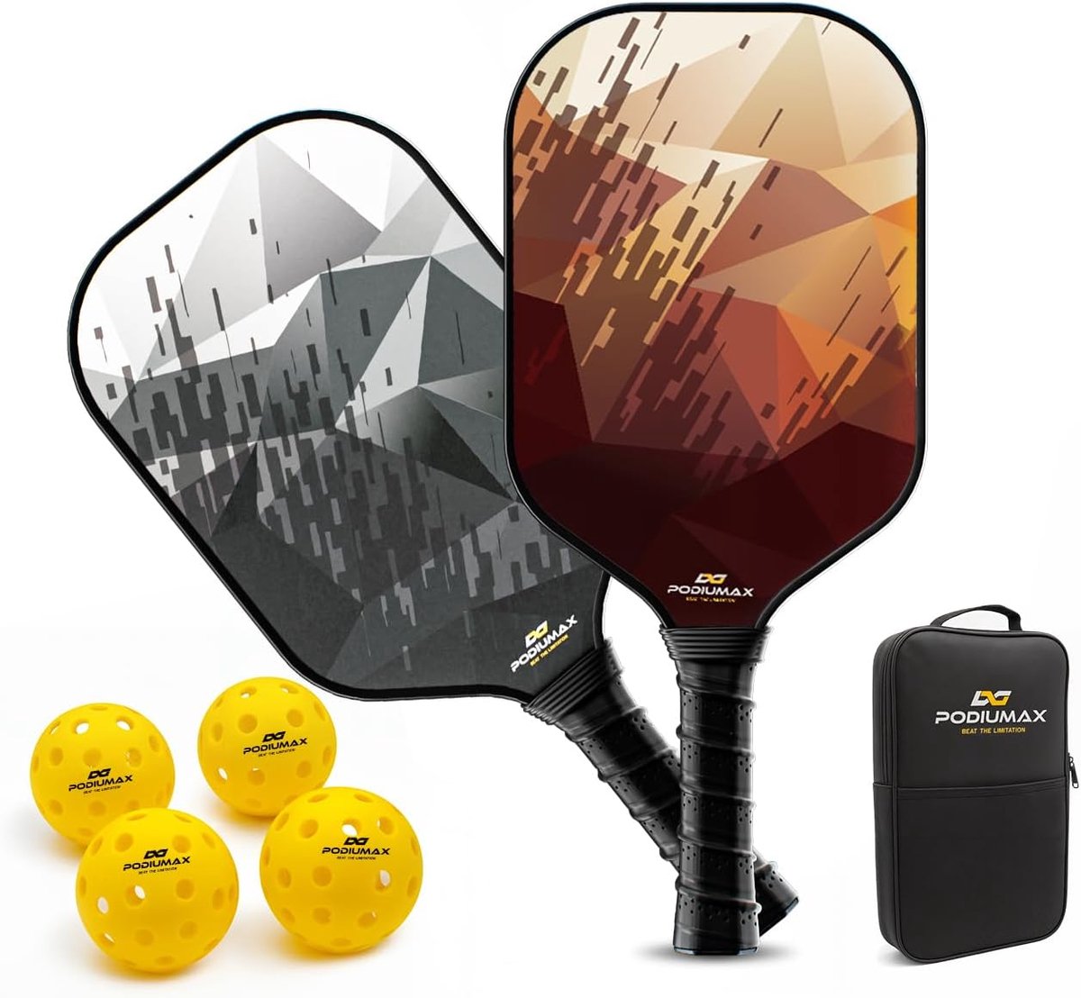 PodiuMax Pickleball Racket Sets - 2 Performance Rackets met 4 Ballen & Draagtas - Carbon Fiber Pickleball Paddle Set - Gevorderd & Recreatief