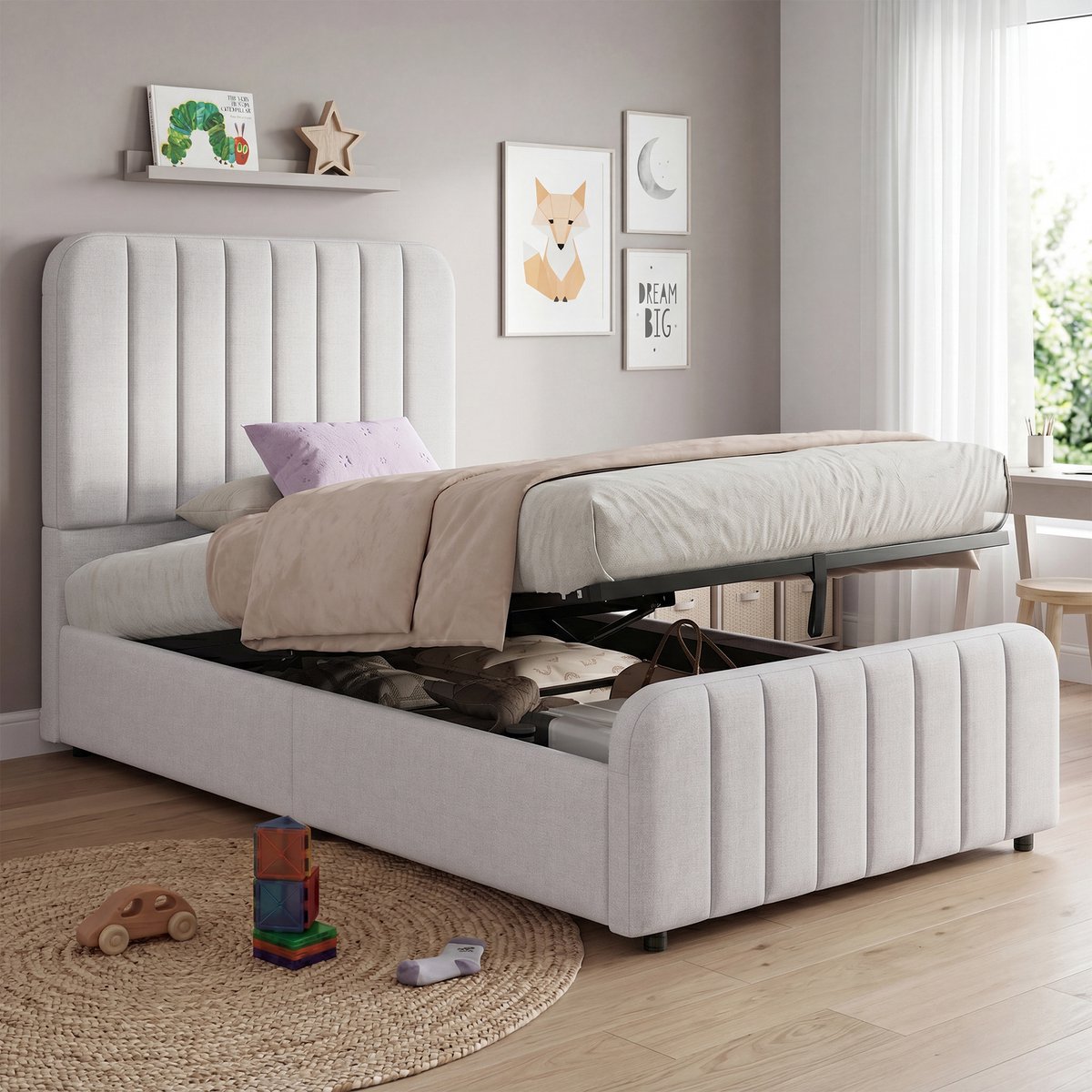 Gestoffeerd bed - eenpersoonsbed - kinderbed 90 x 200 cm - met bedbodem - hoofdeinde en opbergruimte - grijs - zonder matras