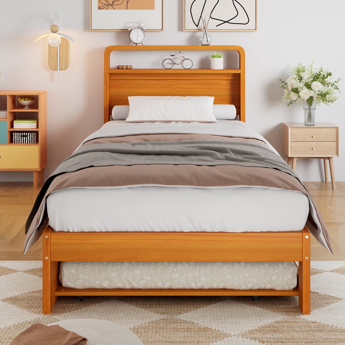 Houten bed 90x200 cm - met uittrekbaar bed 90x190 cm - gastbed kan links of rechts worden geplaatst - hoofdbord met afgeronde hoeken