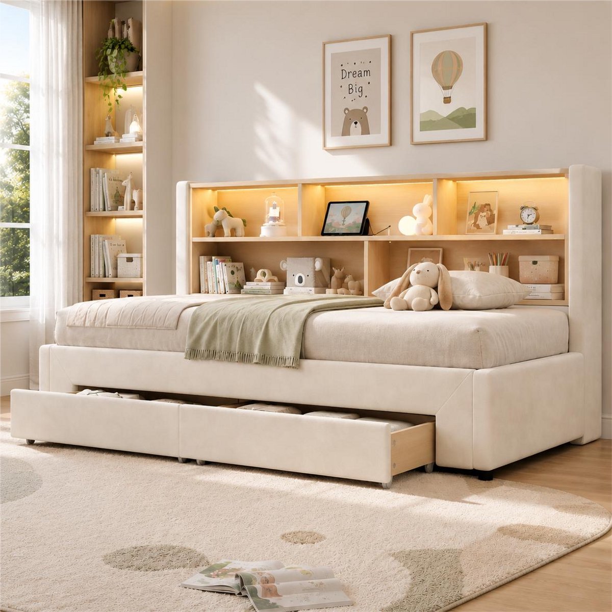 Slaapbank - met 2 opbergladen - 90x200 cm - uitschuifbaar bed - met USB-poort en LED-verlichting - beige - zonder matras