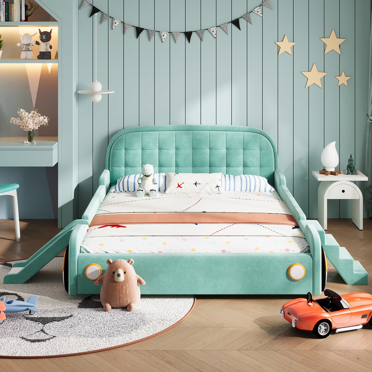 Kinderbed 140x200 cm - auto-bed met glijbaan en trap - links of rechts te plaatsen - speelbed met bescherming - blauwgroen