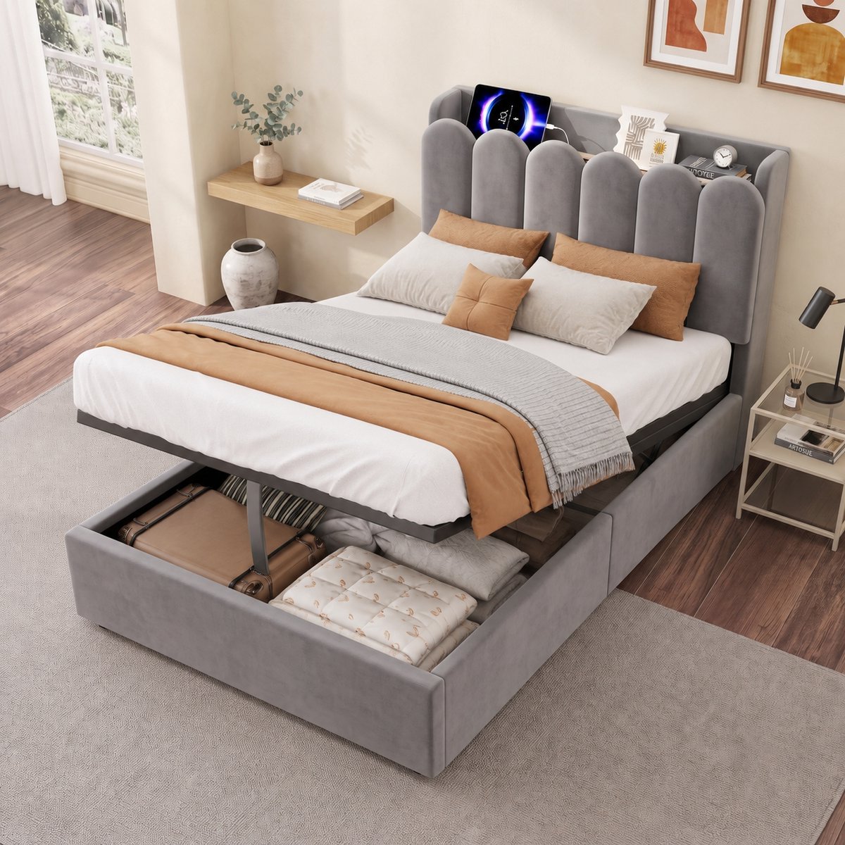 Gestoffeerd bed - kinderbed 90x200 cm - met opbergruimte - met USB- en Type-C-oplaadpoort en leeslamp - grijs - zonder matras