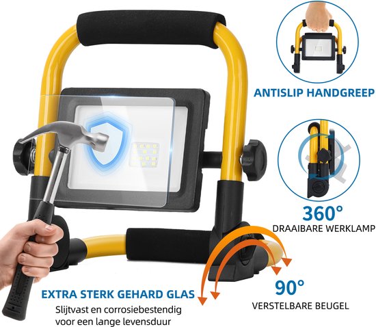 Gele werklamp met extra sterk gehard glas, antislip handgreep en 360° draaibare kop.