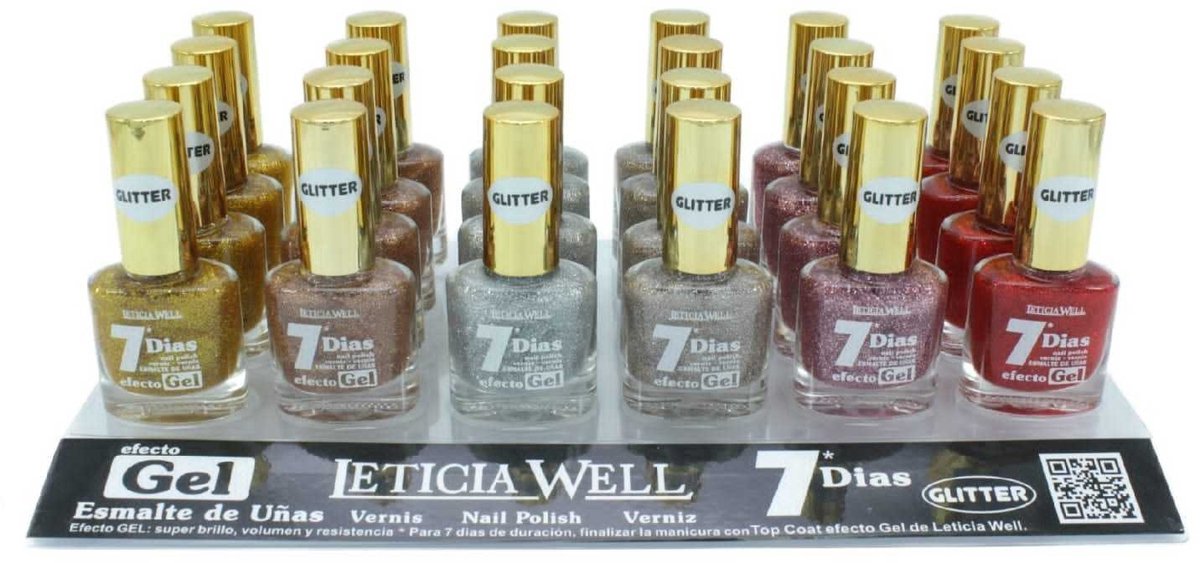Leticia Well - Set met 6 Flesjes Transparant met Mini Glitter Nagellak - Goud / Koper / Zilver / Bruin / Roze / Rood - Inhoud per flesje 13 ml.