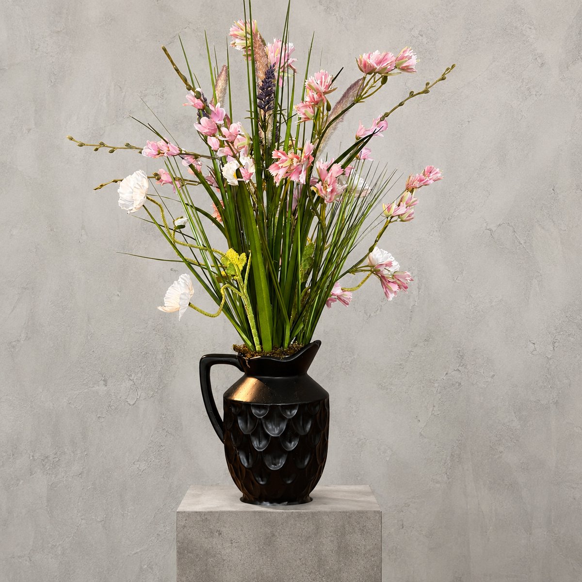 Seta Fiori Kunstbloemen Boeket Roze – Kunstgras Veldboeket met Zwarte Vaas – 75cm - Seta Fiori Roze, creme wit en zwart