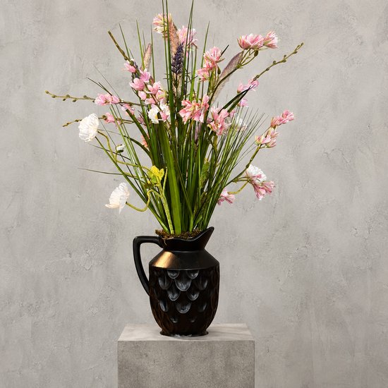 Kunstbloemen Boeket Roze – Kunstgras Veldboeket met Zwarte Vaas – 75cm - Seta Fiori -