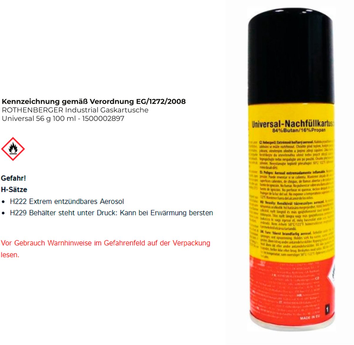 ROTHENBERGER Industrial Gascartouche Universele Navulcartouche 100 ml - 1500002897