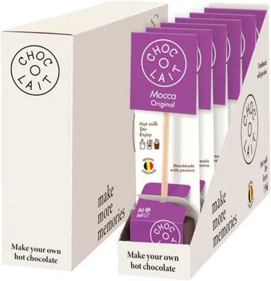 Display met 6 stuks warme chocolademelk 'Mocca Original' van MoMe. De verpakking is wit met paarse accenten en de tekst 'Make your own hot chocolate'.