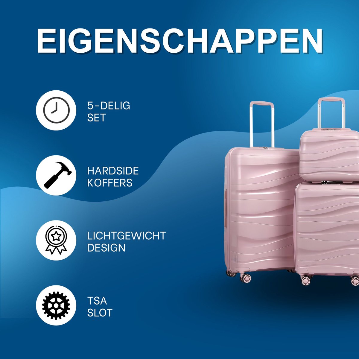 Reisbagageset – Voor vakantie en zakelijk gebruik – Lichtgewicht met harde schaal, cosmeticakoffer en minidoos, TSA-slot – Roze, duurzaam materiaal (bijv. 55 cm, 68 cm, 78 cm, 35 cm, 20 cm)