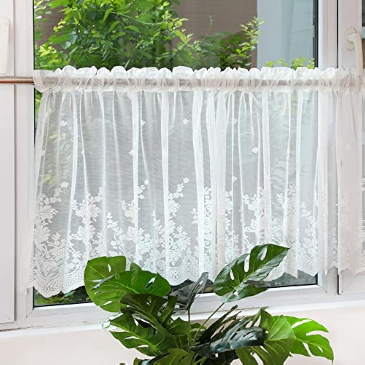 Solidchoice - Country House Stijl Gordijn - Transparant - Bloemmotief - 45x150 cm - Wit