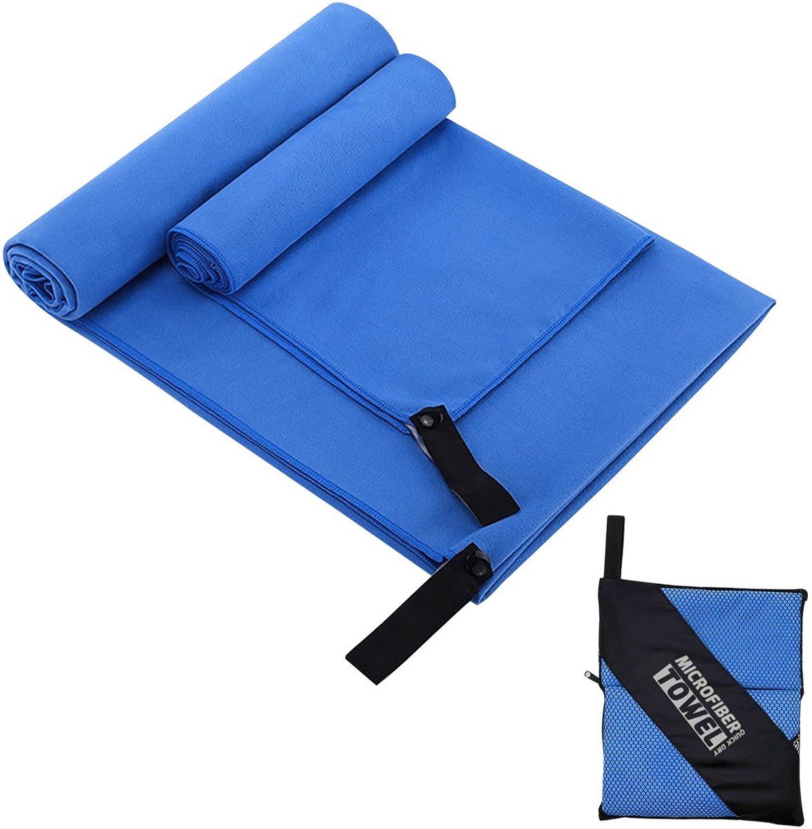 Dubbelzijdige fleece handdoek - Tweedelige set - 40x80 cm en 76x150 cm - Microvezel handdoek - Sneldrogende reishanddoek - Zeer absorberende handdoek - Strandhanddoek - Badhanddoek - Geschikt voor yoga en fitness - Blauw