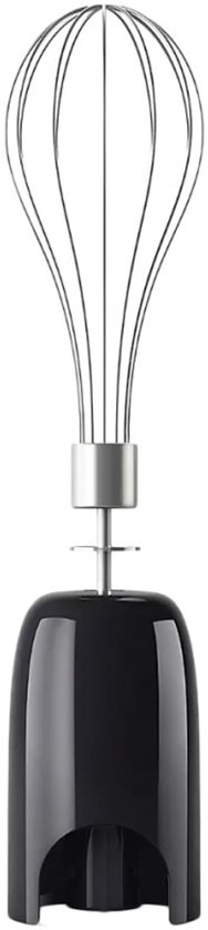 Zwarte staafmixer accessoire met metalen garde.