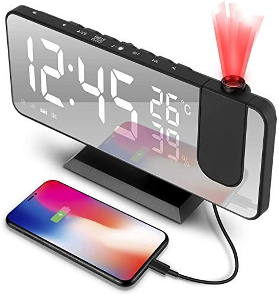 Solidchoice - Digitale Projectie Alarmklok met FM Radio - LED Wecker met Projectie