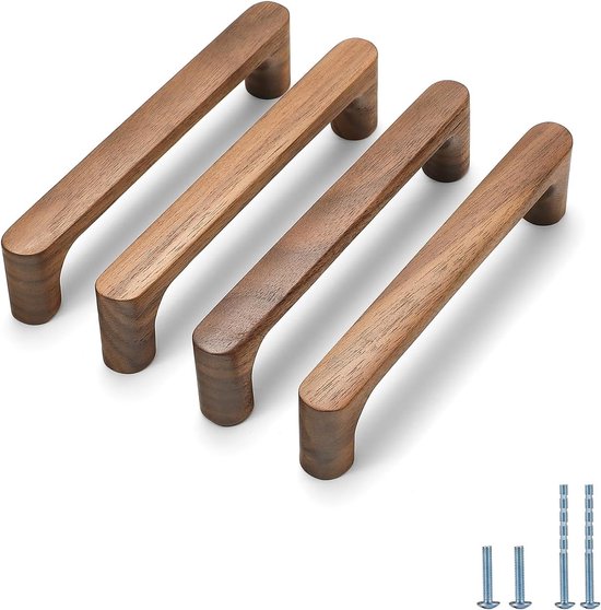 Quatre poignées incurvées en bois foncé, à côté de leurs vis, sur fond blanc.