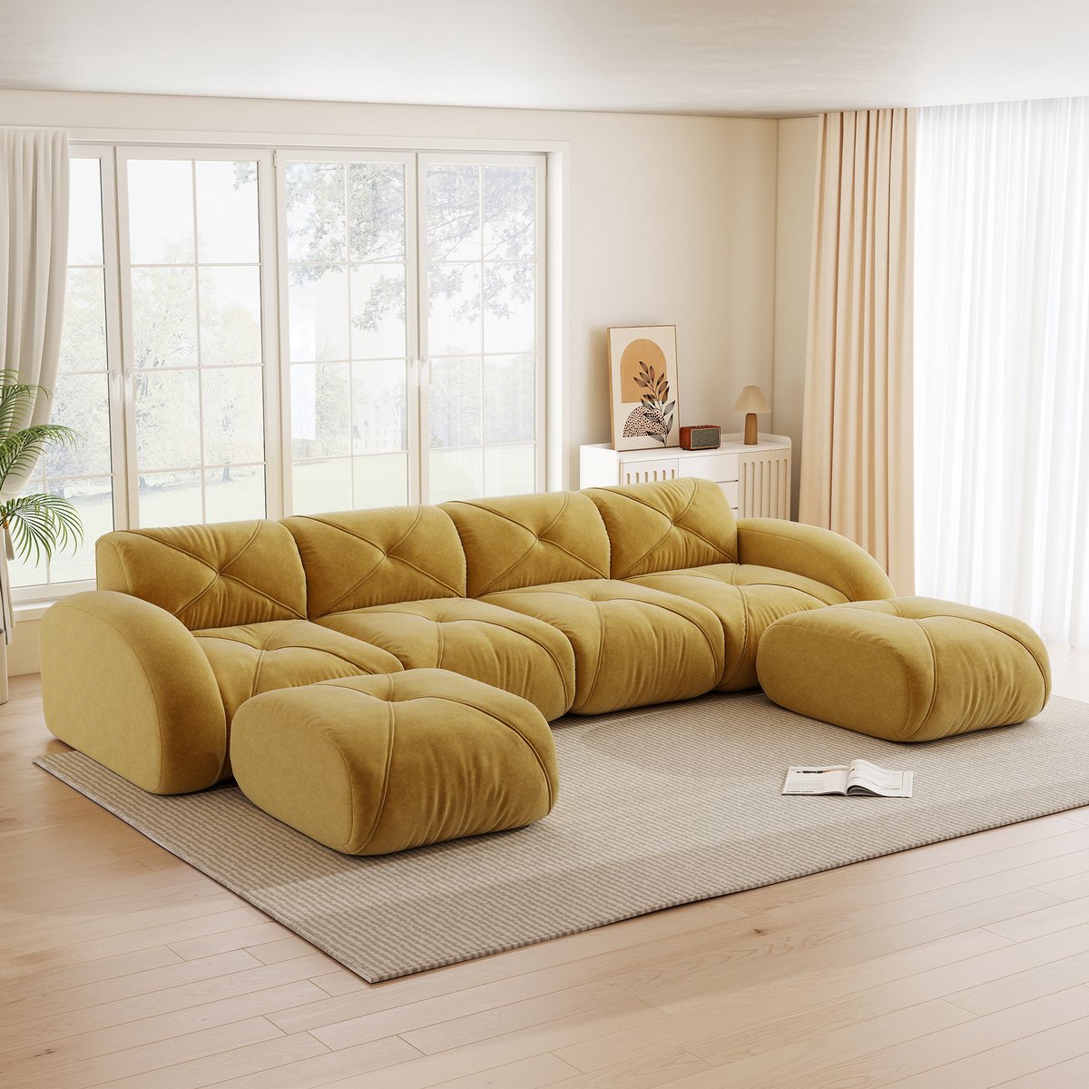 Modulaire U-bank - Gele Chenille Cloud Sofa 4-Zits Met 2 Hockers, Frameloze Lounge Bank, 32D Schuimvulling, Zachte Diepe Zit En Geen Montage Nodig Voor Woonkamer