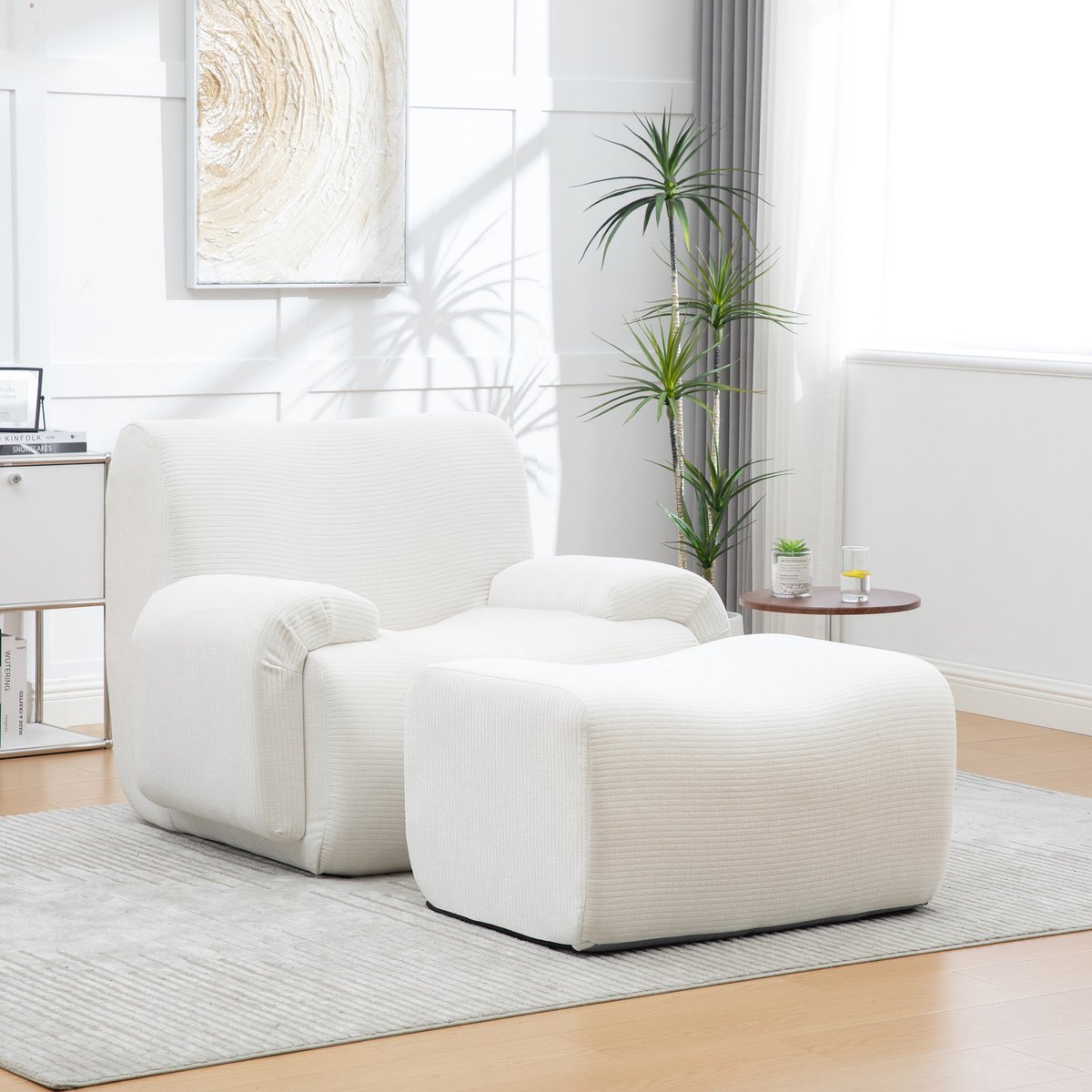 Chenille Fauteuil Met Hocker - Luxe Relaxstoel Met 30D Schuimvulling, Zachte Lounge Stoel Zonder Montage, Vacuüm Verpakt Voor Woonkamer En Kleine Ruimtes - Ivoor